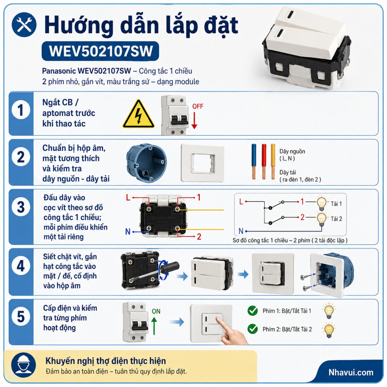 Công tắc B 1 chiều loại đôi cỡ nhỏ bắt vít Panasonic WEV502107SW